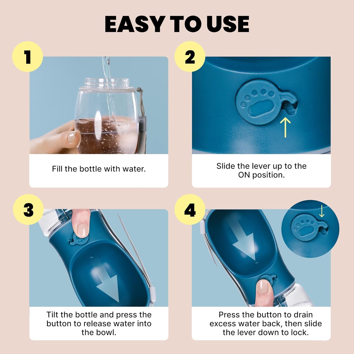 Portable Dog Water Bottle - 19 Oz, Blue - Leak-Proof Water Bowl Dispenser with Lock for Hiking, Travel & On-The-Go